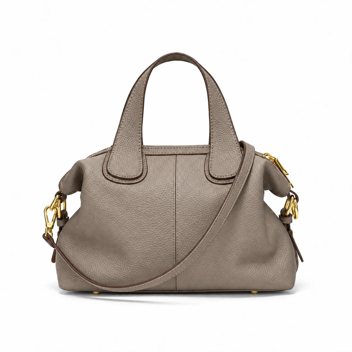 Bolsa feminina de couro legítimo cinza em vista frontal