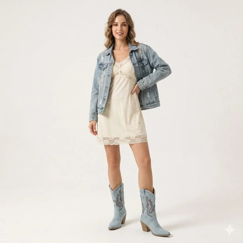 Modelo de corpo inteiro usando Bota Texana Feminina Jeans Claro Dakota