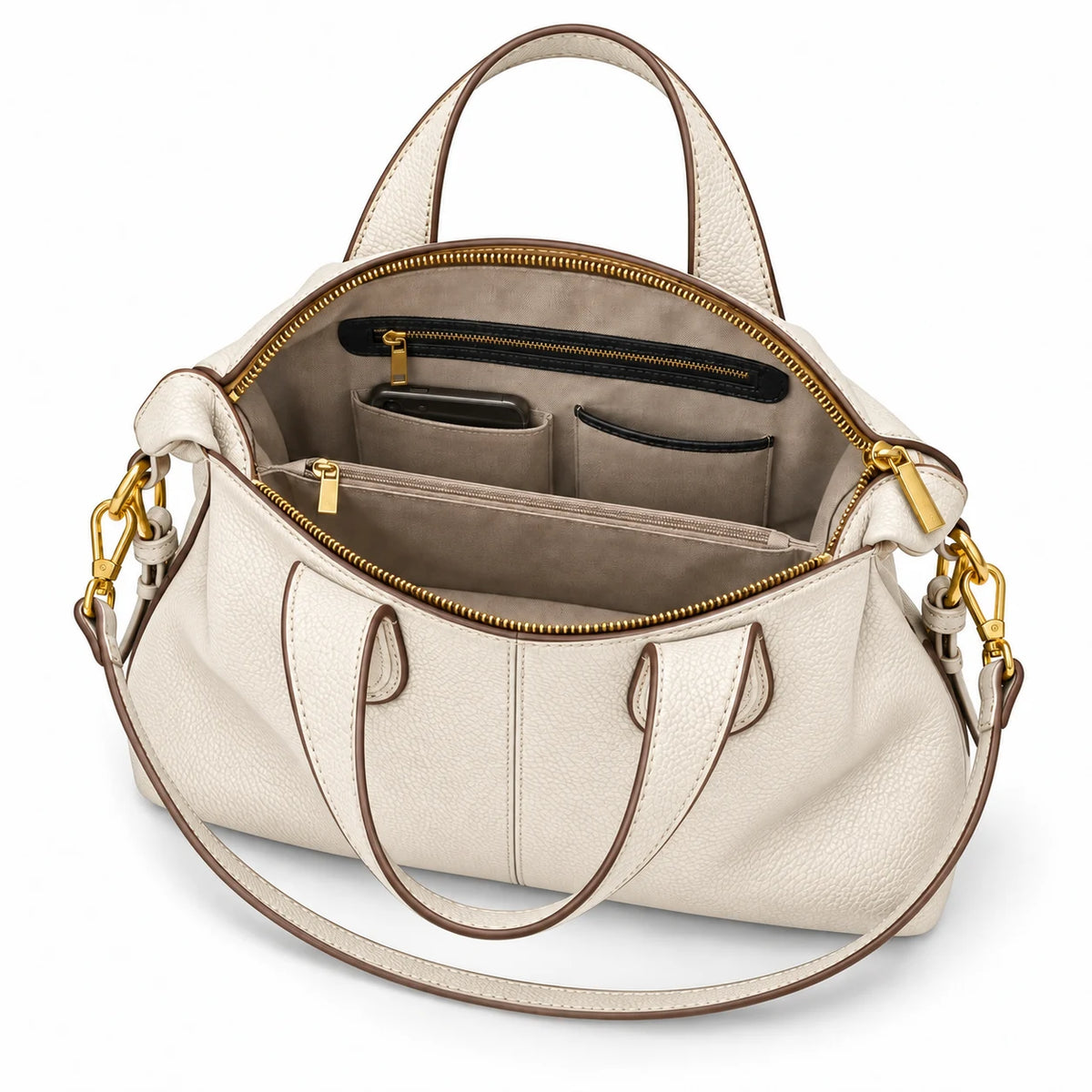 Interior organizado da bolsa feminina de couro branca