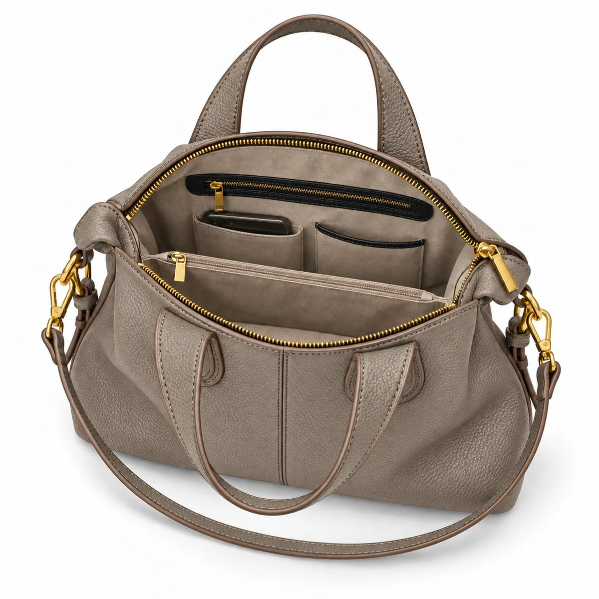 Interior organizado da bolsa feminina de couro cinza