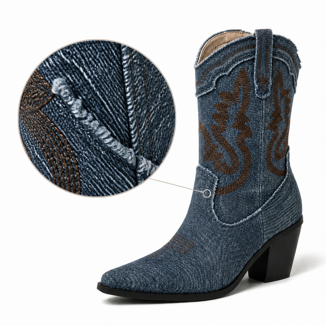 Efeito de lupa mostrando textura e bordado da Bota Texana Jeans Escuro Dakota