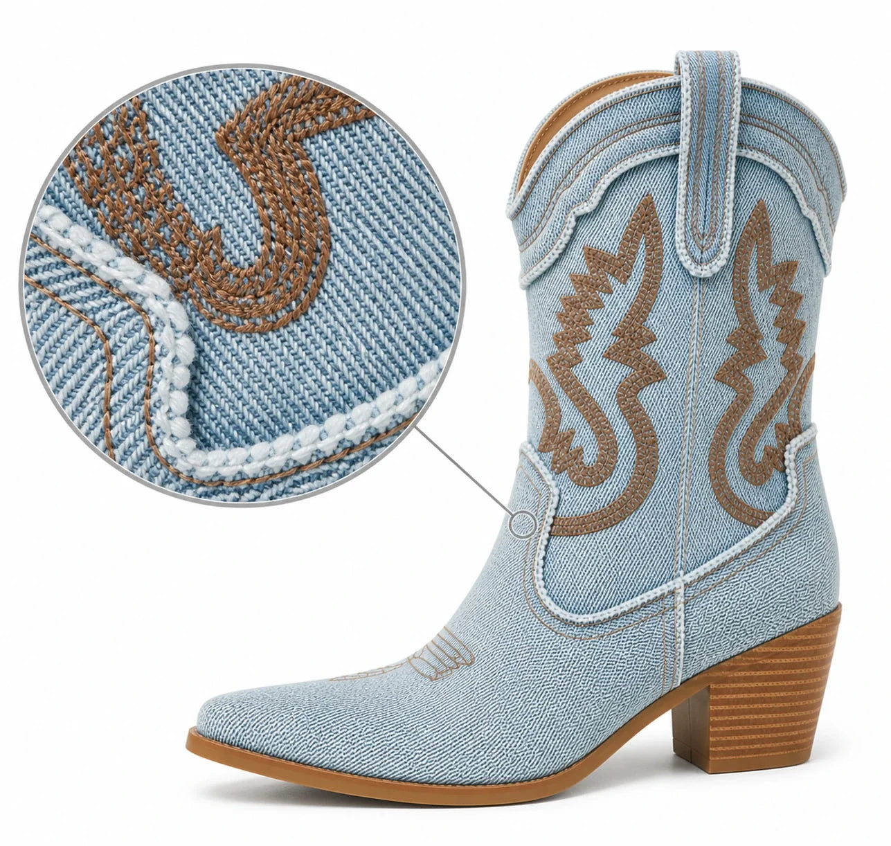 Efeito de lupa mostrando textura e bordado da Bota Texana Jeans Dakota