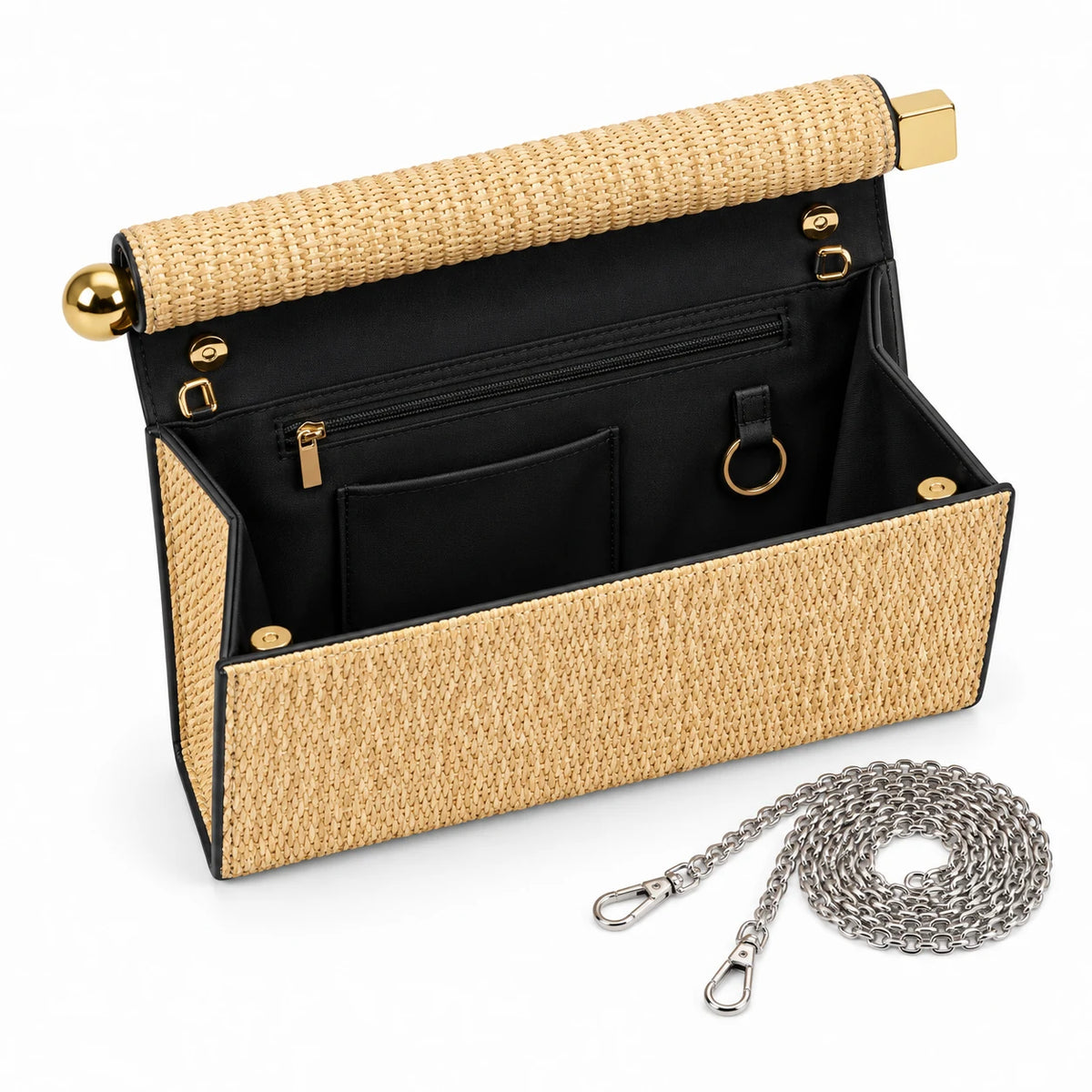 Interior organizado da bolsa clutch palha natural Lumière