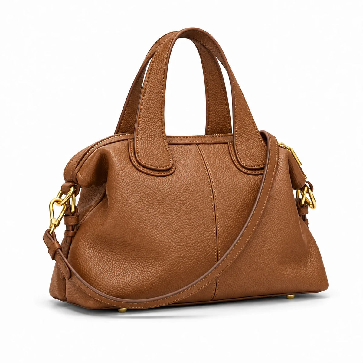 Vista estrutural, lateral e base da bolsa feminina marrom