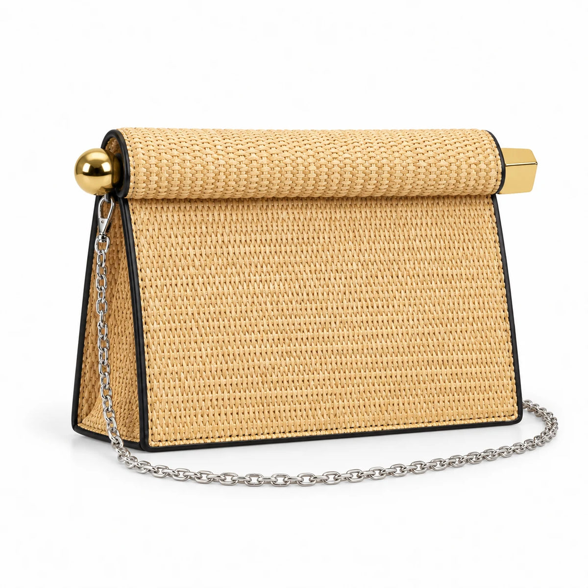 Vista lateral e base da bolsa clutch palha natural Lumière