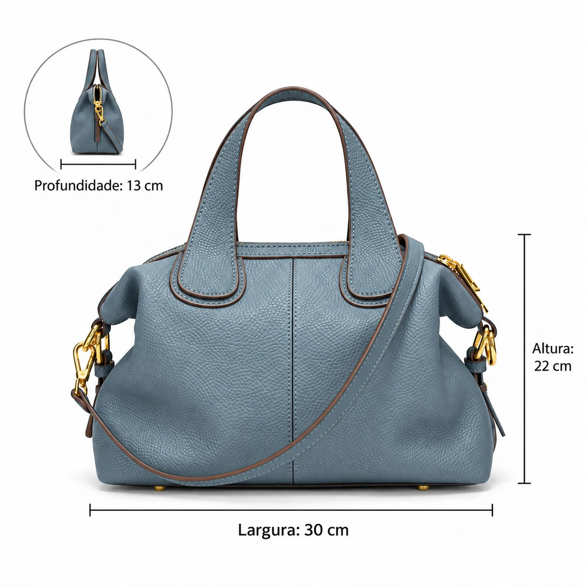 Medidas da bolsa azul: 30 cm por 22 cm por 13 cm