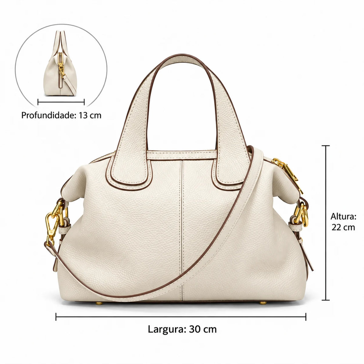 Medidas da bolsa branca: 30 cm por 22 cm por 13 cm