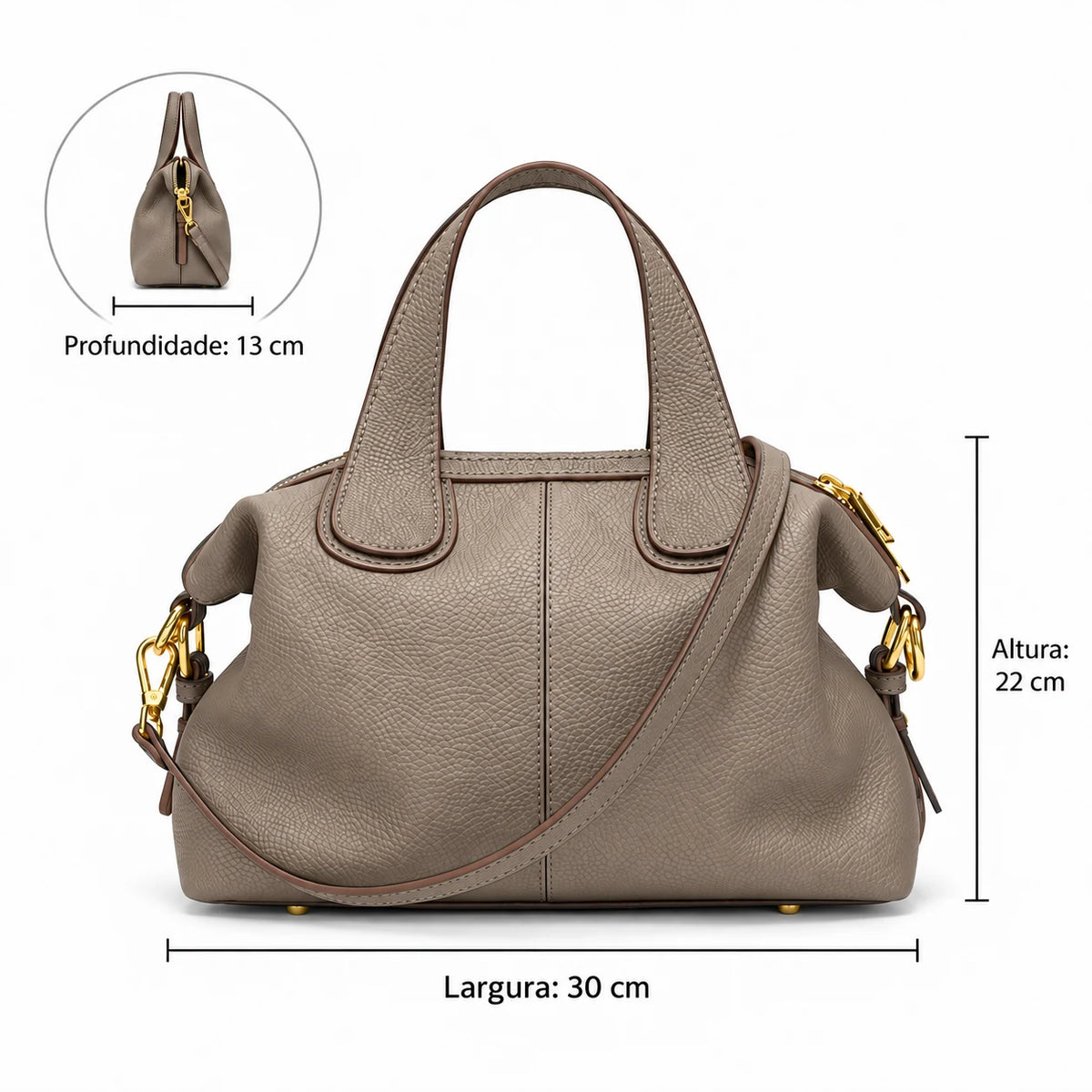 Medidas da bolsa cinza: 30 cm por 22 cm por 13 cm