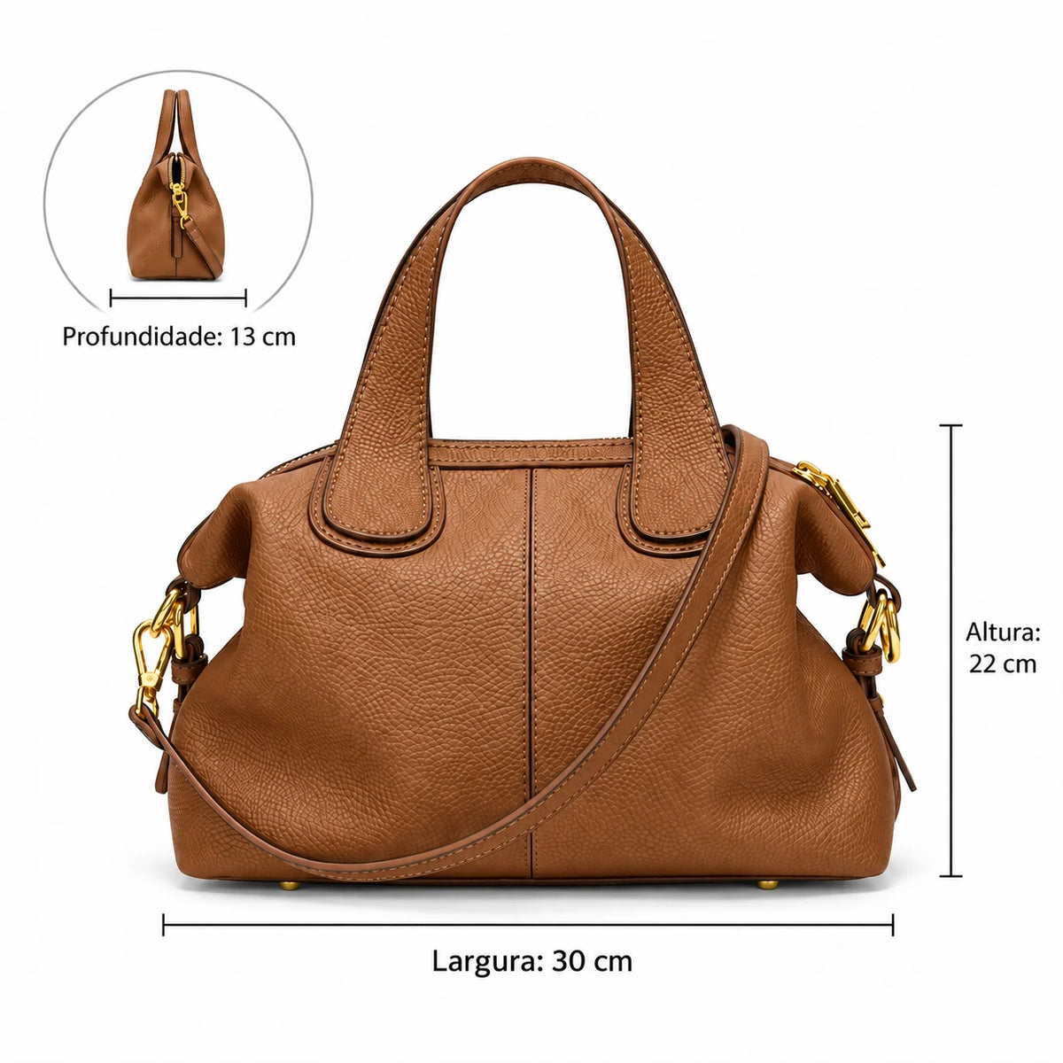 Medidas da bolsa marrom: 30 cm por 22 cm por 13 cm