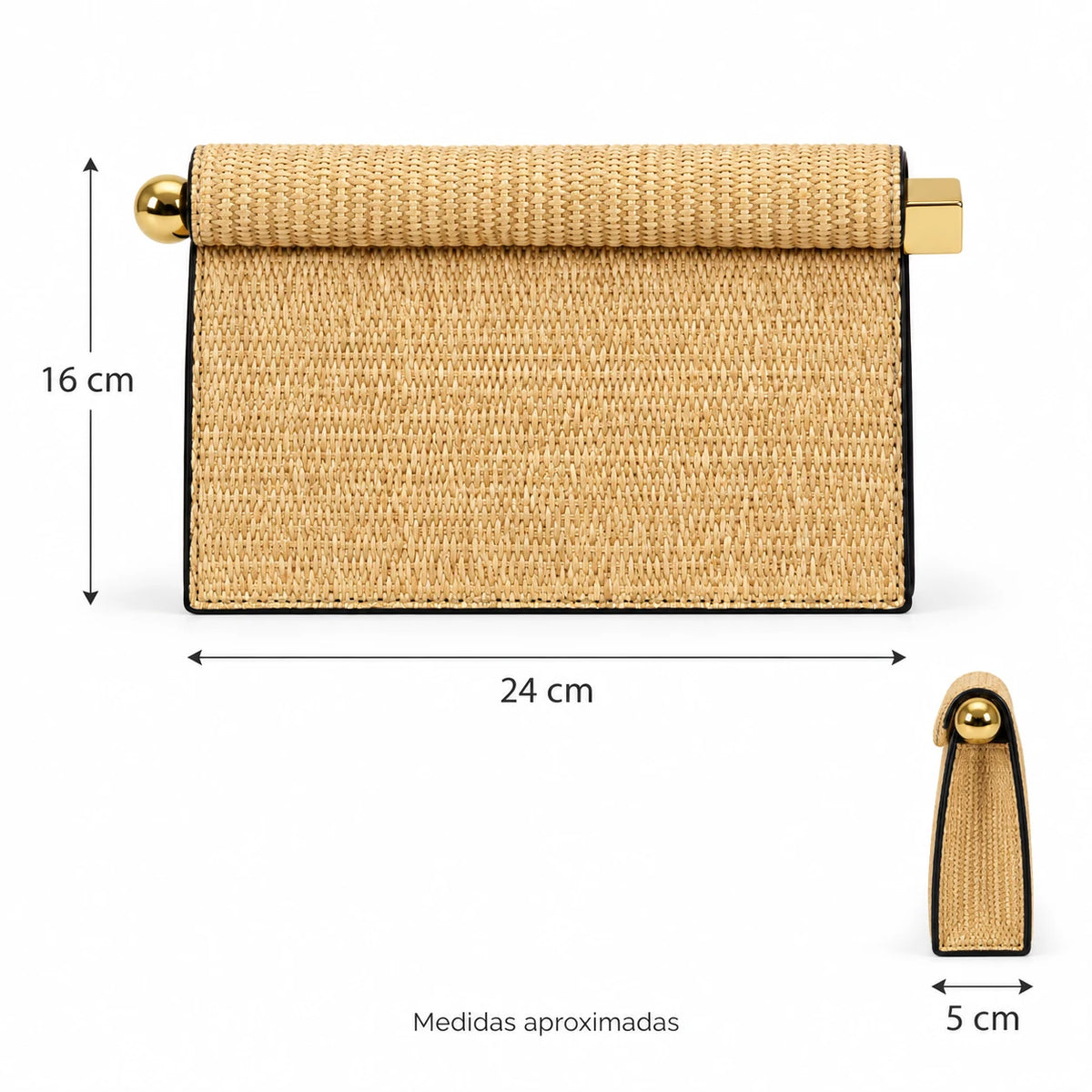 Medidas aproximadas da bolsa clutch palha natural Lumière