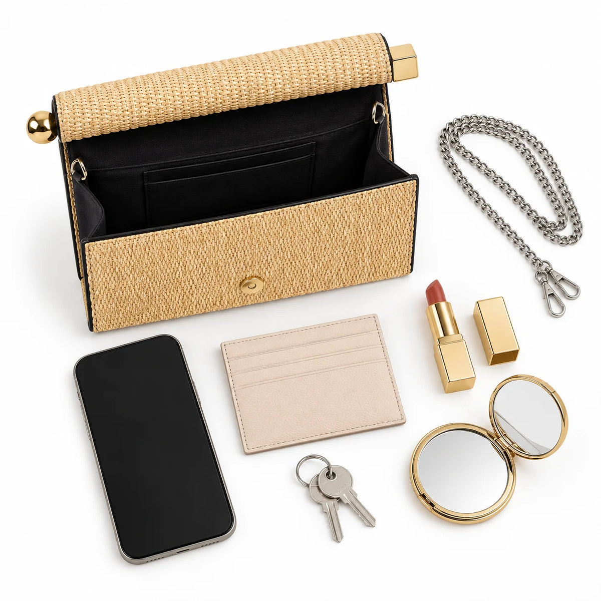 Capacidade interna da bolsa clutch palha natural Lumière