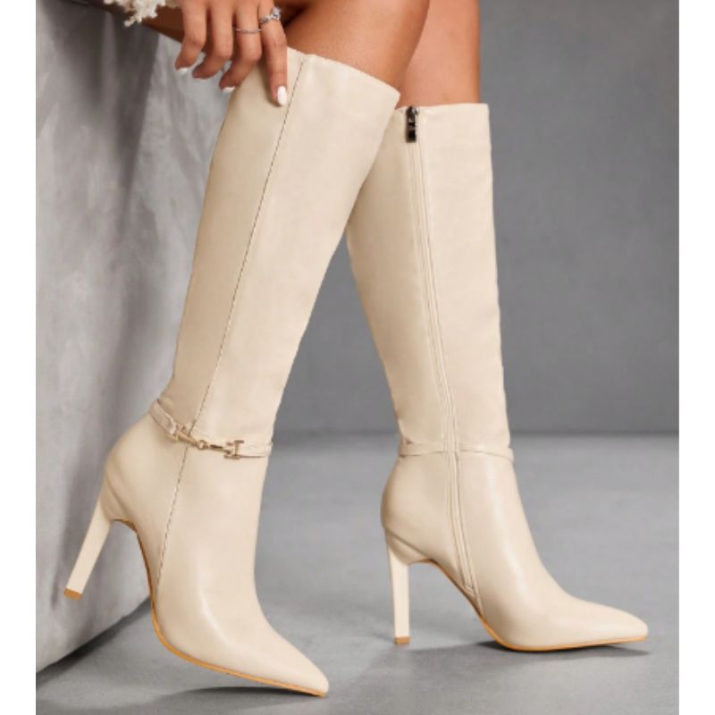 Bota Feminina Cano Longo Bico Fino Bege