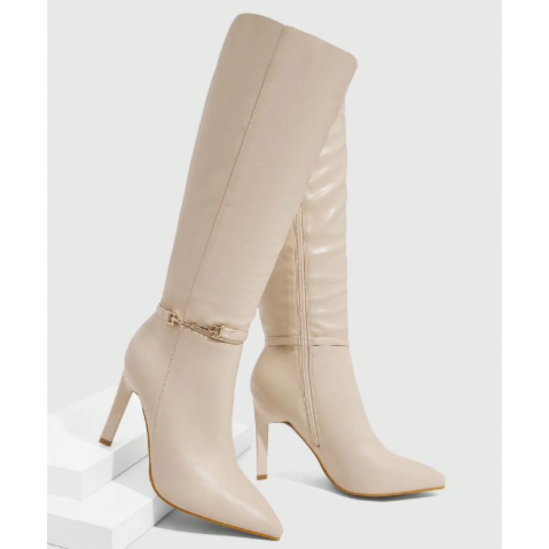 Bota Feminina Cano Longo Bico Fino Bege