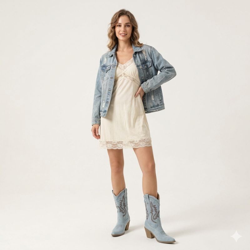 Bota Texana Feminina Jeans Bordado