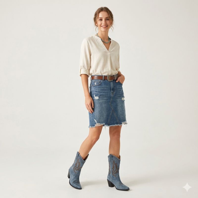 Bota Texana Feminina Jeans Bordado