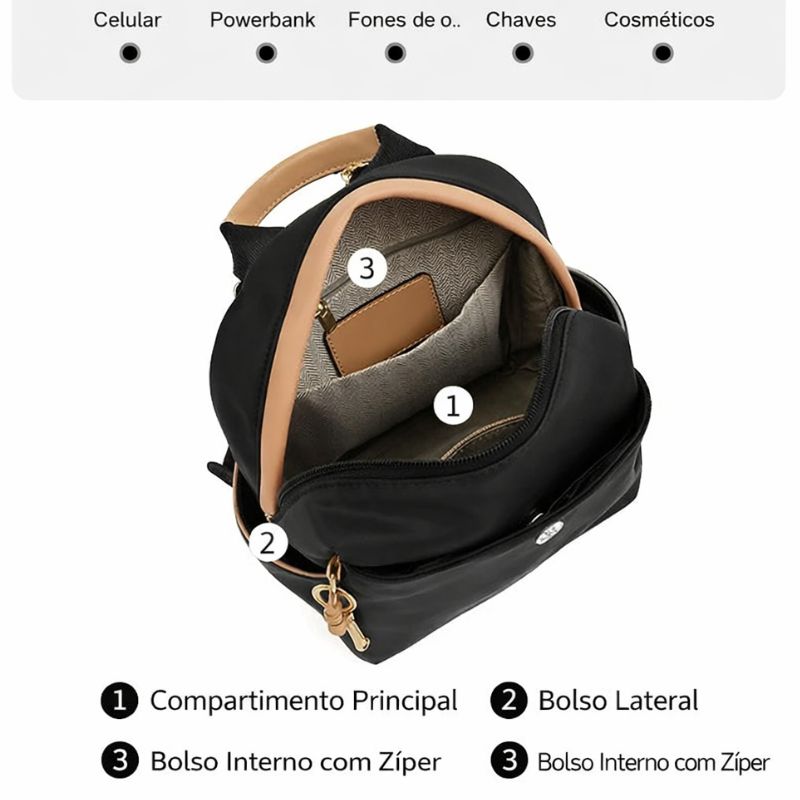 Compartimento interno espaçoso de mochila feminina