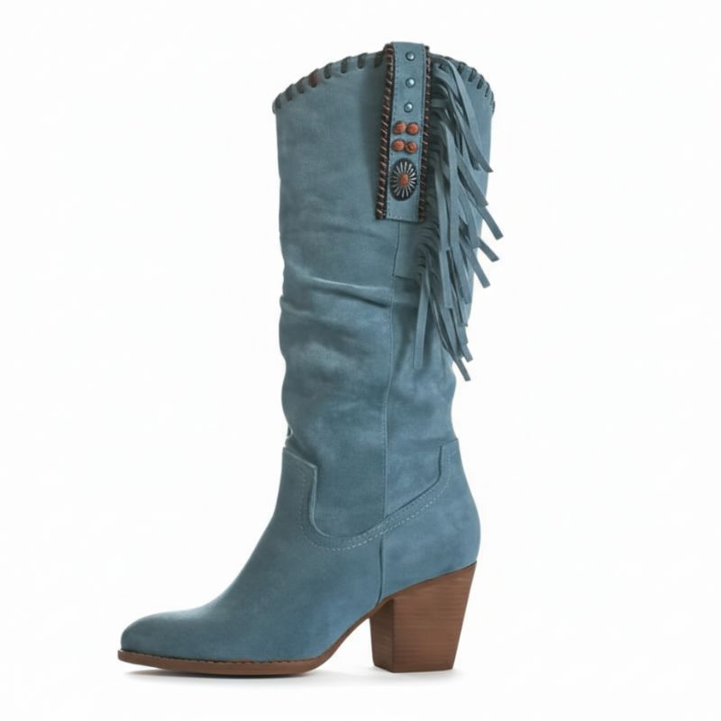 Bota texana feminina azul com franjas e salto bloco – vista lateral
