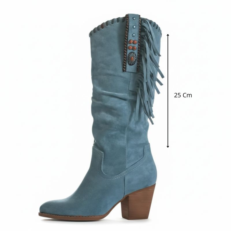 Bota texana feminina azul com franjas – cano de 25 cm, vista lateral com medida