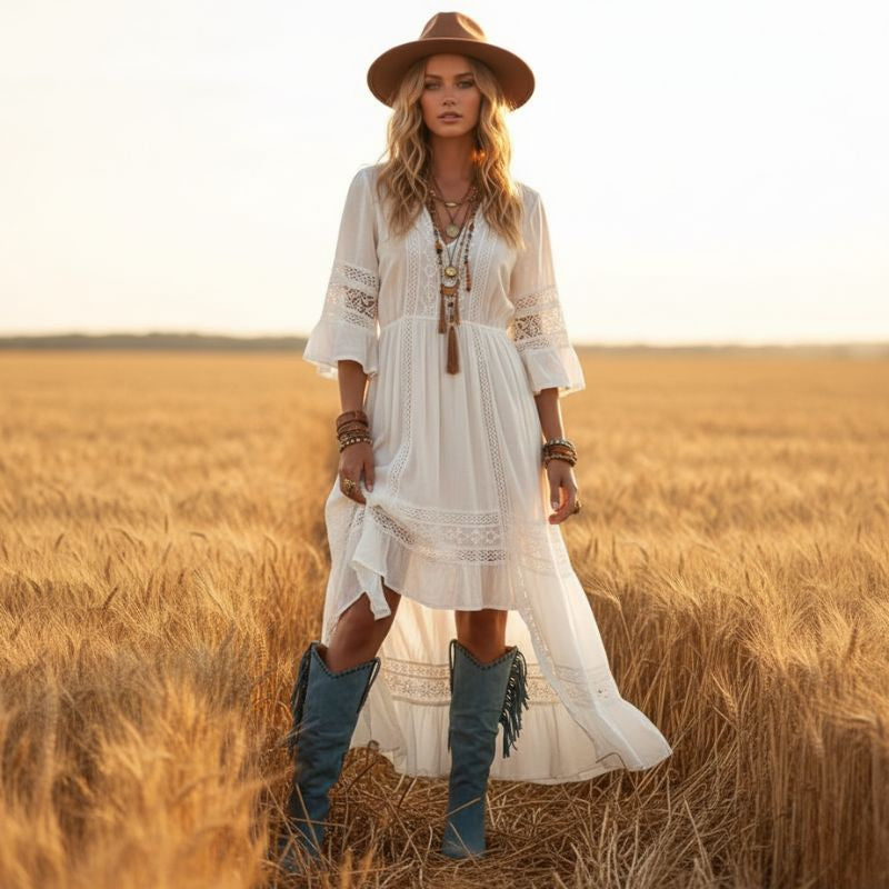 Bota texana feminina azul com franjas usada com look boho em campo – estilo country chique
