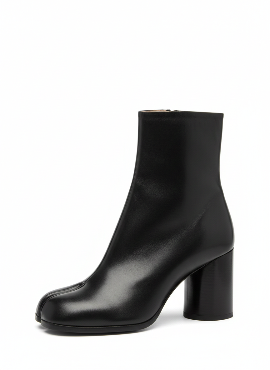 Vista lateral preta: com split toe, salto grosso 6cm, cano tornozelo