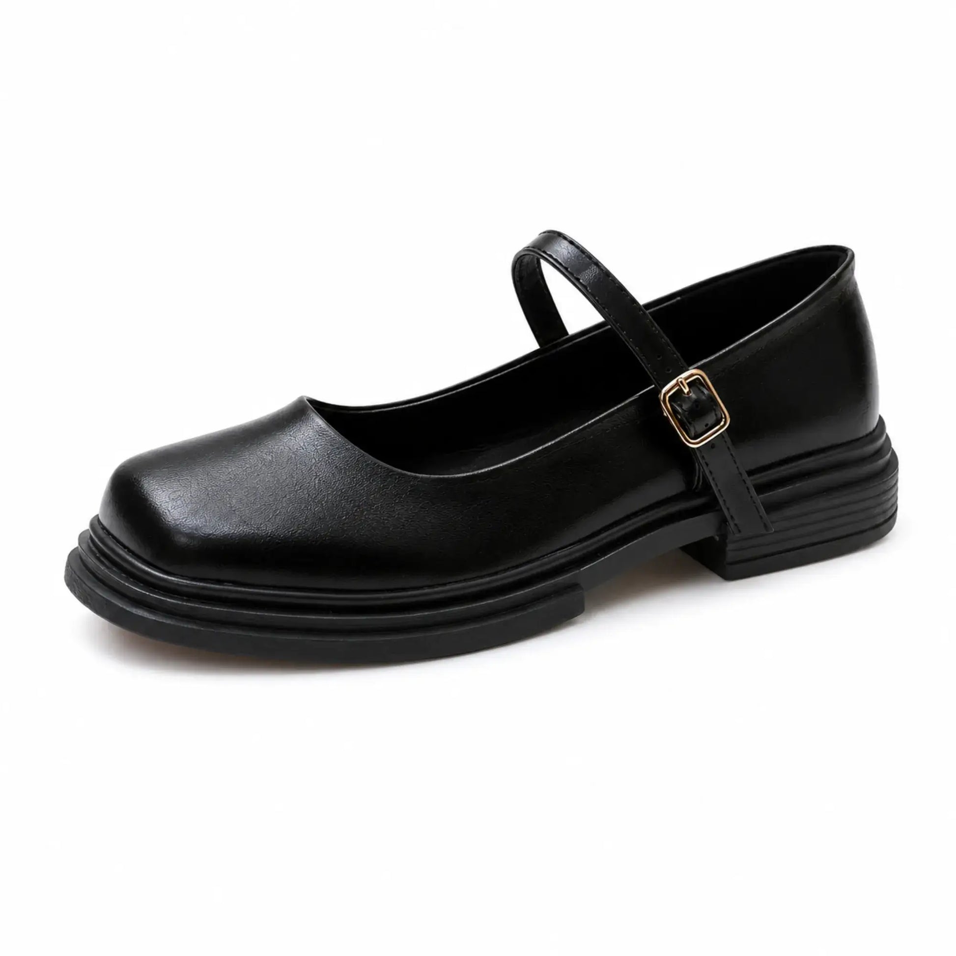 Sapato Mary Jane Feminino Preto Élise com salto baixo, bico quadrado e tira com fivela dourada