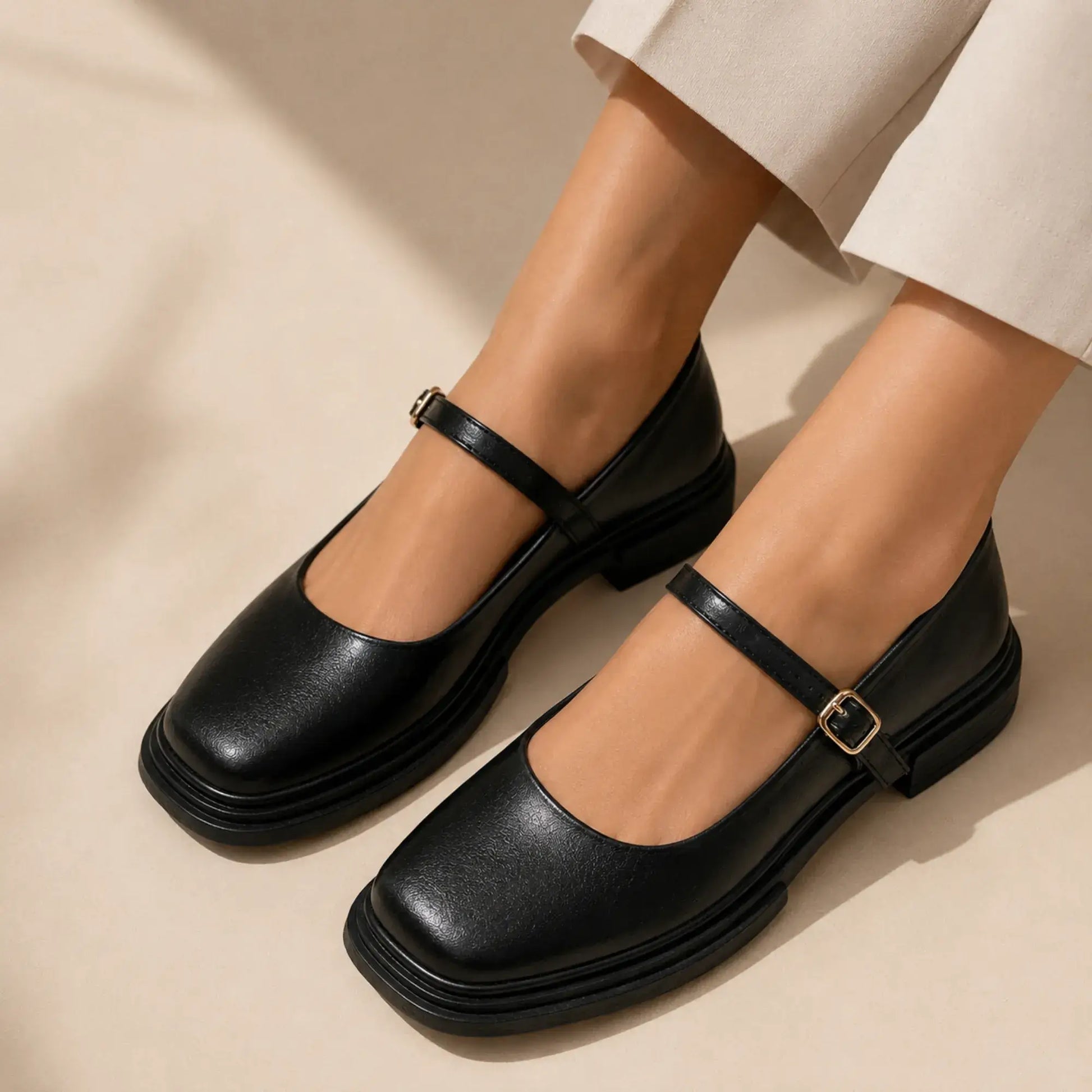 Sapato Mary Jane Feminino Preto Élise nos pés com salto baixo, bico quadrado e design elegante para o dia a dia