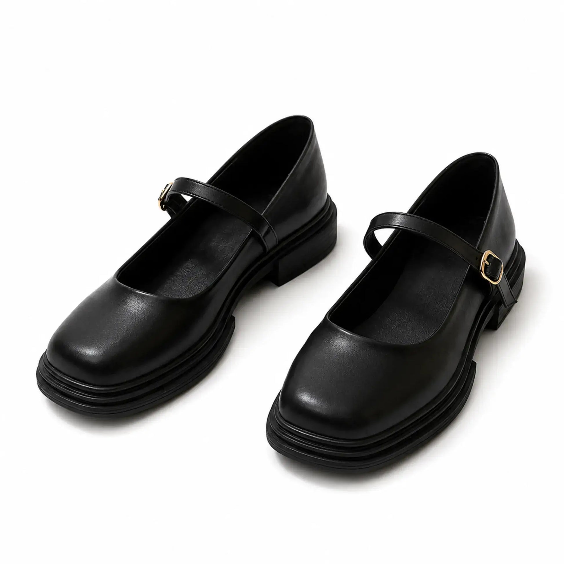 Par de Sapatos Mary Jane Feminino Preto Élise com bico quadrado, salto baixo e acabamento elegante em PU Premium
