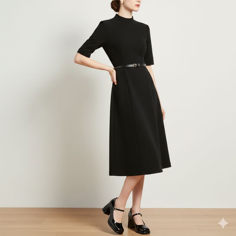 Sapato Mary Jane preto verniz salto bloco usado com vestido midi elegante – look sofisticado feminino