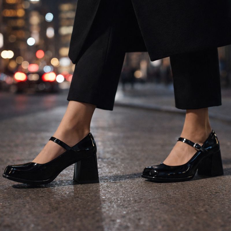 Sapato Mary Jane preto verniz salto bloco usado em look all black noturno – estilo urbano feminino
