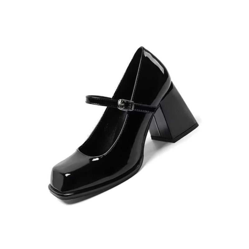 Sapato Mary Jane preto verniz salto bloco vista lateral
