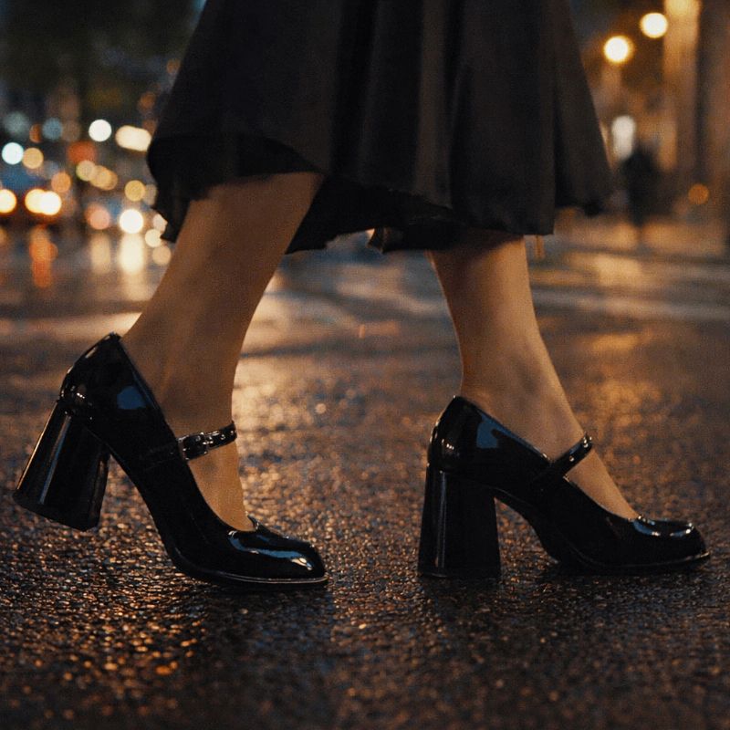 Vista noturna com modelo andando pelas ruas e detalhe do par de Sapato Mary Jane Salto Alto Vintage