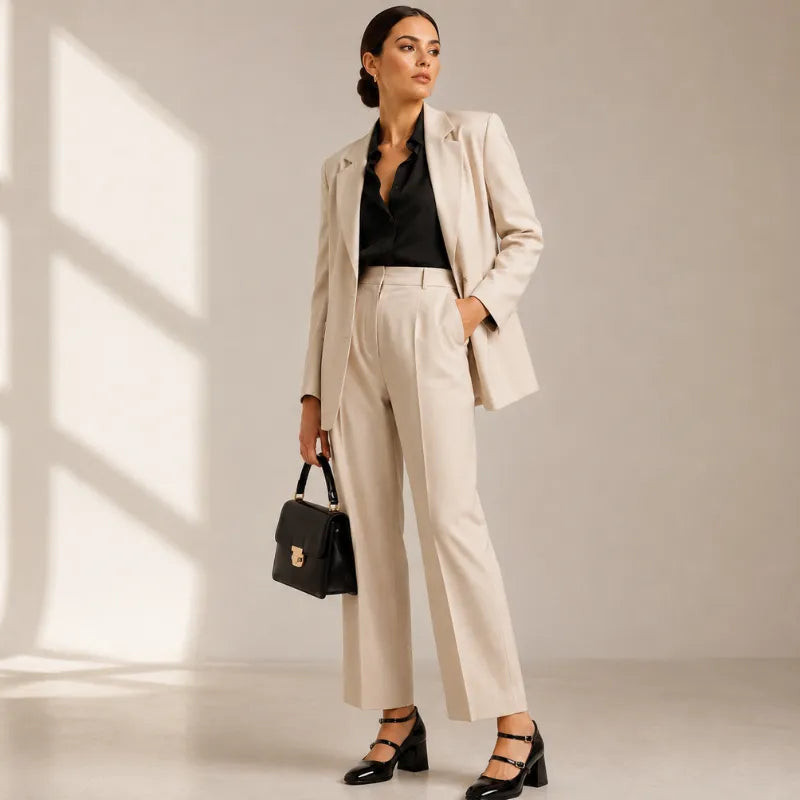 Foto lifestyle com modelo mulher elegante em pé, look executivo completo: blazer oversized bege, blusa preta decote V, calça pantalona bege, bolsa preta estruturada com detalhe dourado. Sapato Mary Jane preto verniz com duas tiras e salto quadrado em destaque. Luz natural lateral dramática, fundo cinza neutro. Estilo sofisticado escritório/evento.