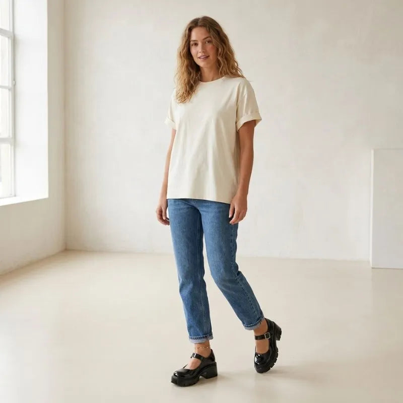 Modelo usando Sapato Mary Jane Tratorado Preto Verniz com jeans e t-shirt — sola plataforma robusta e fivela metálica | Loja Mary Jane