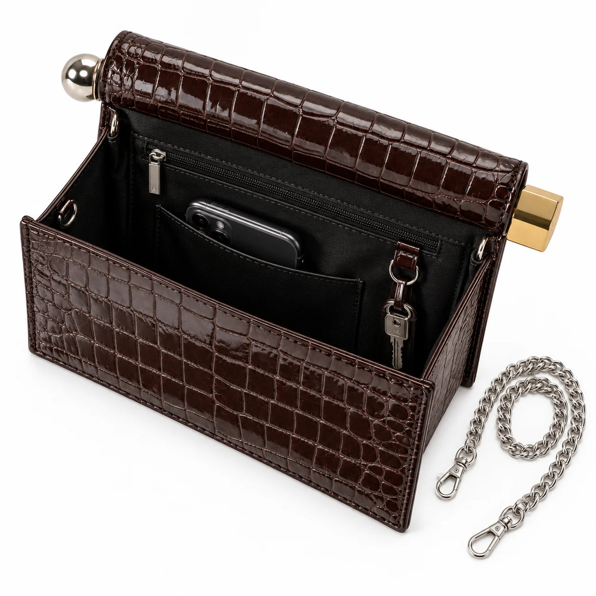 Parte interna da bolsa clutch café croco Lumière