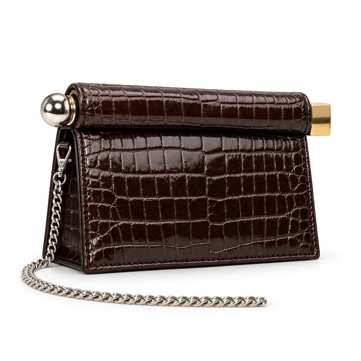 Vista lateral e base da bolsa clutch café croco Lumière