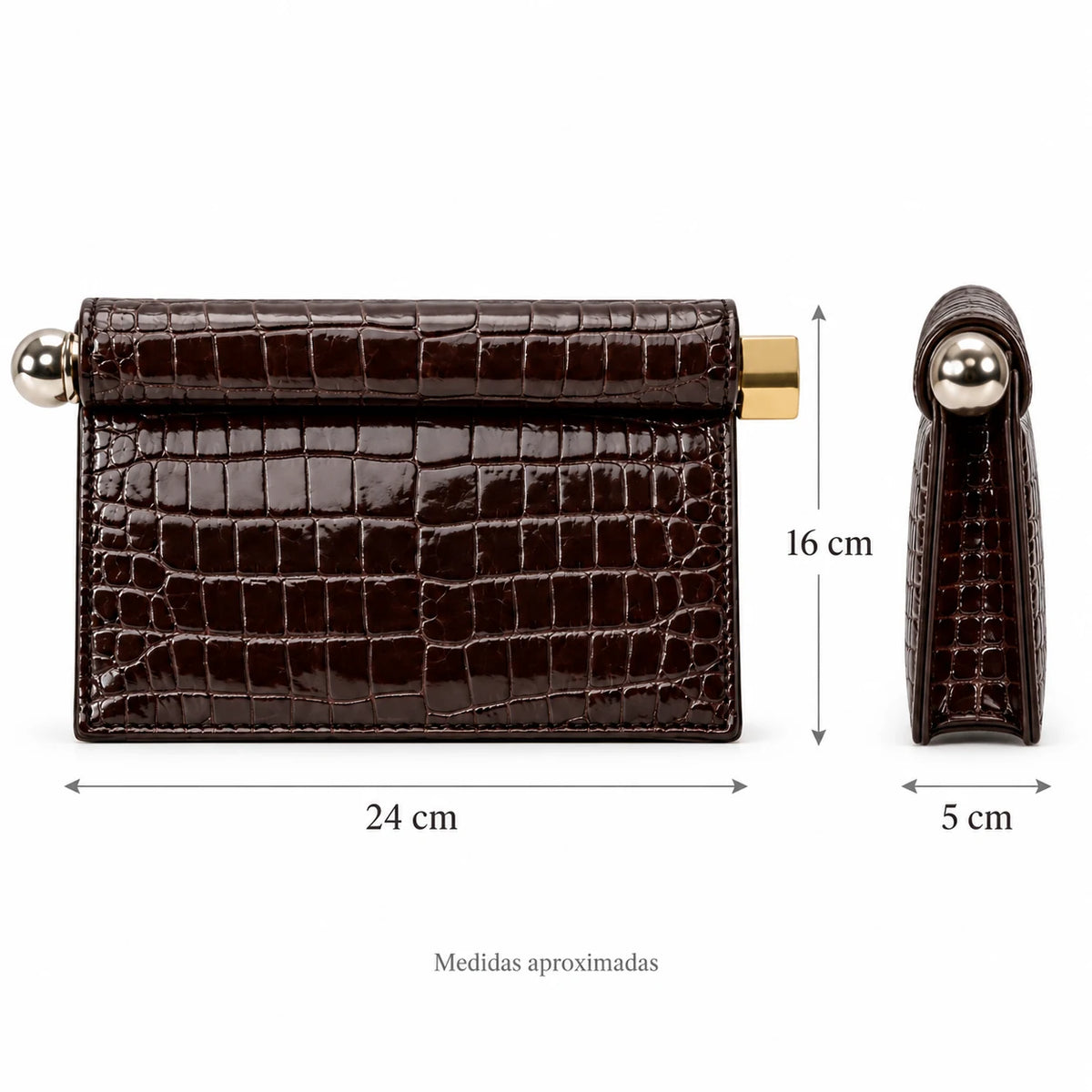 Medidas da bolsa clutch café croco Lumière em centímetros