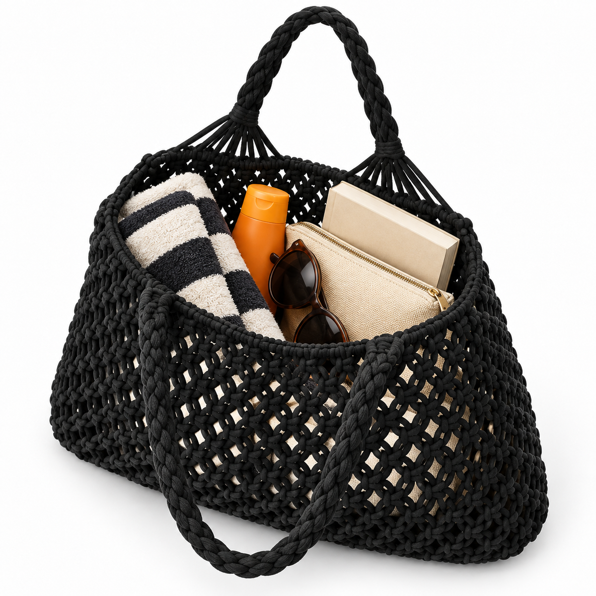 Bolsa de Praia Feminina em Crochê Preta Maré - capacidade