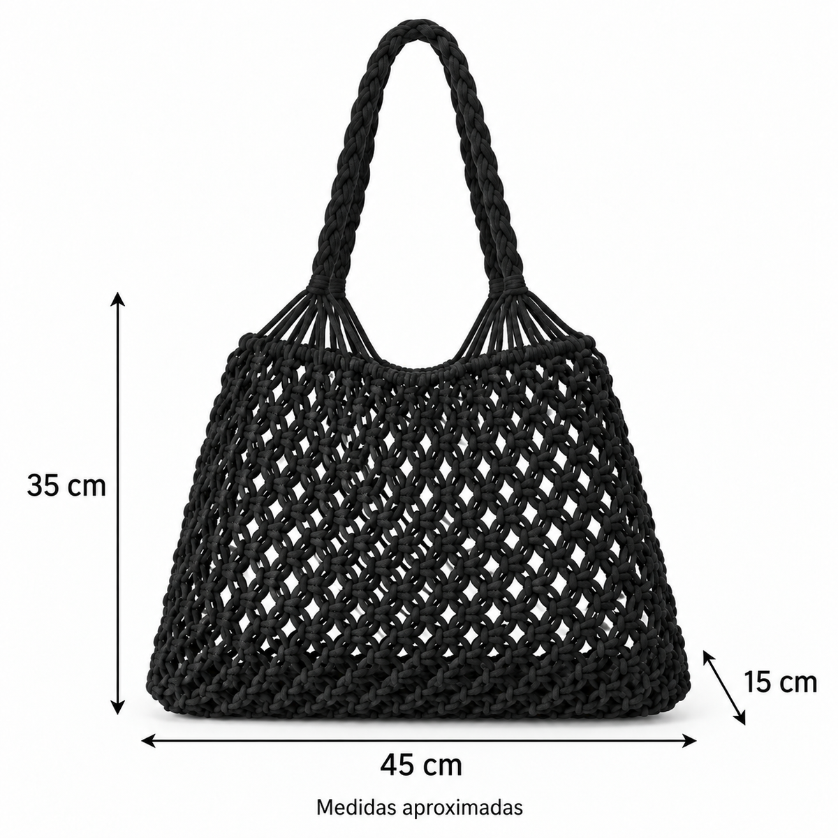 Bolsa de Praia Feminina em Crochê Preta Maré - medidas