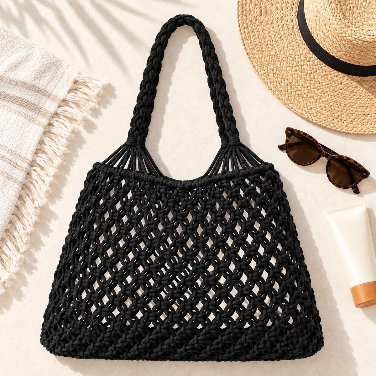 Bolsa de Praia Feminina em Crochê Preta Maré - composicao verao