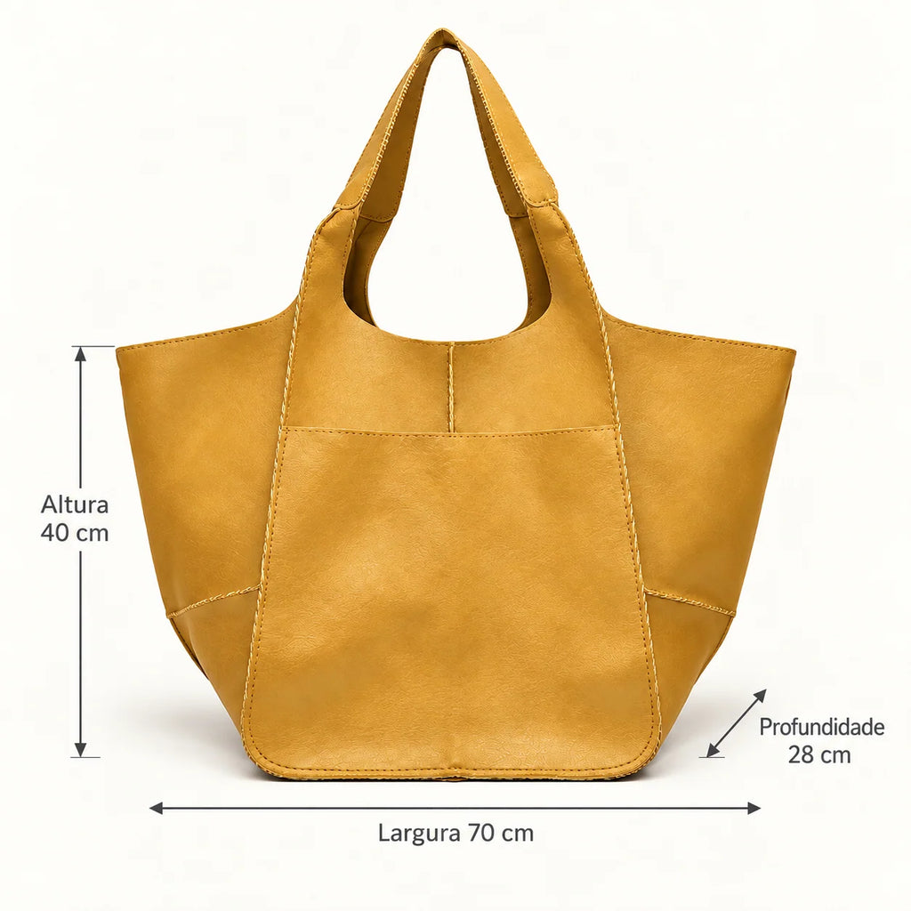 Medidas da bolsa amarela Renata: largura 70 cm, altura 40 cm e profundidade 28 cm