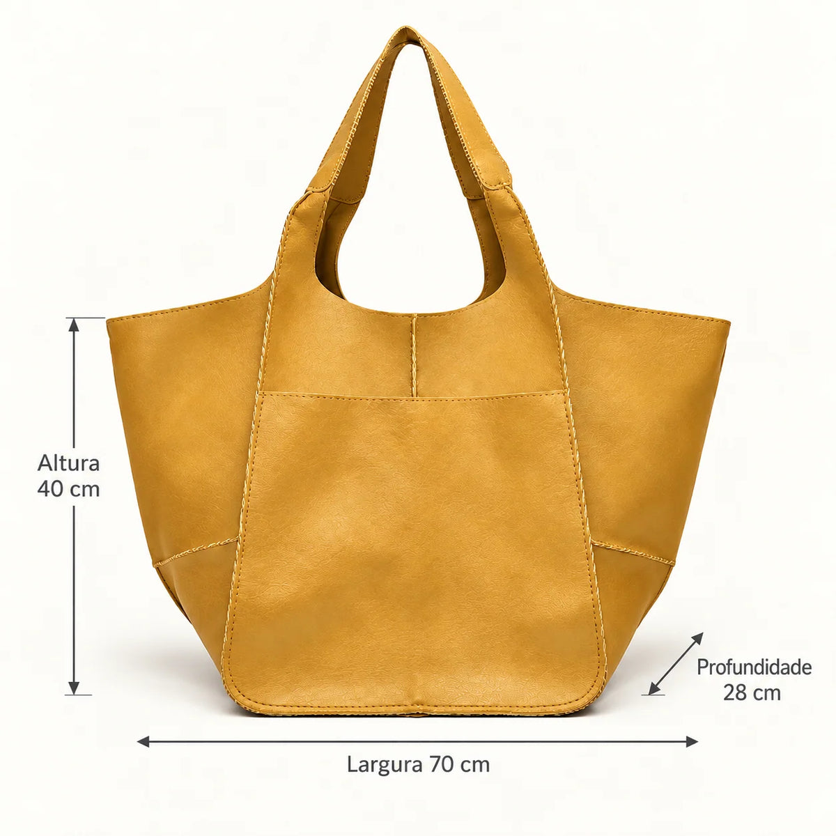 Medidas da bolsa amarela Renata: largura 70 cm, altura 40 cm e profundidade 28 cm