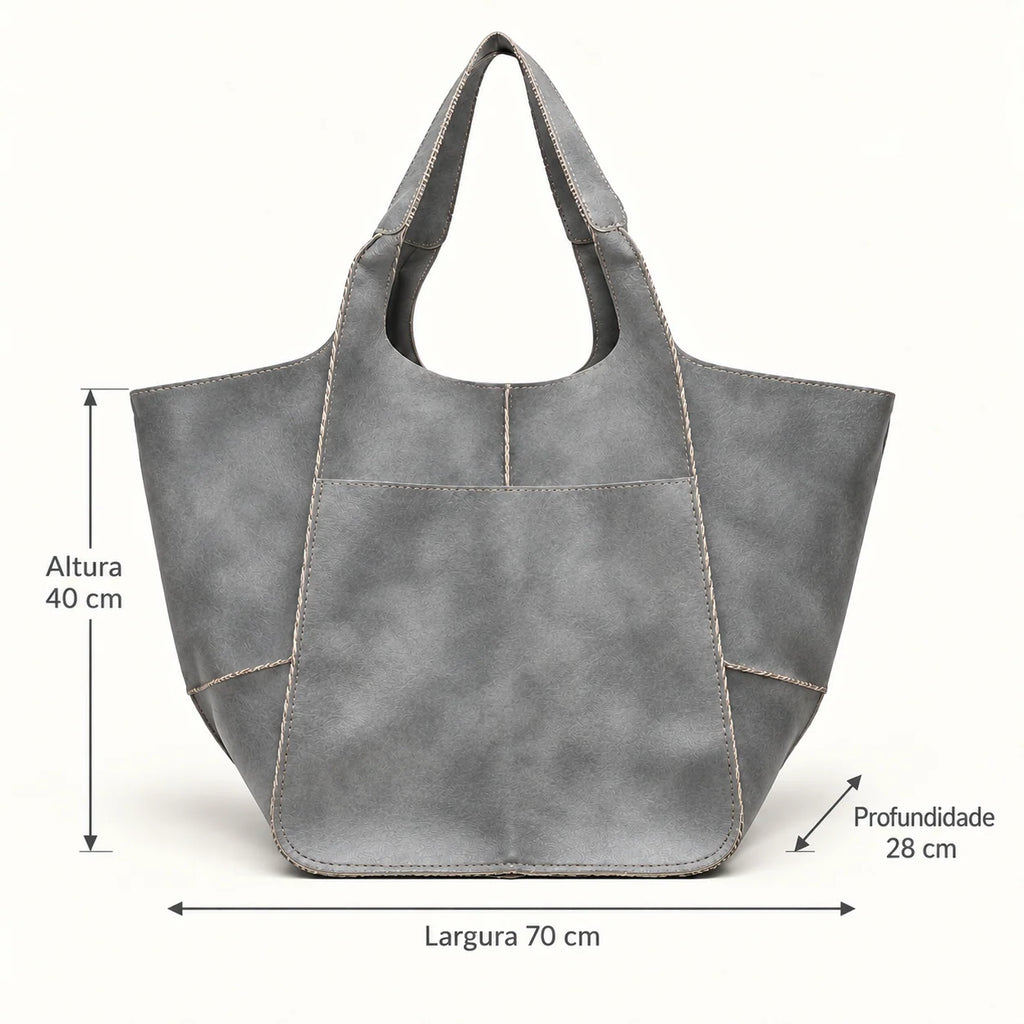 Medidas da bolsa cinza Renata: largura 70 cm, altura 40 cm e profundidade 28 cm