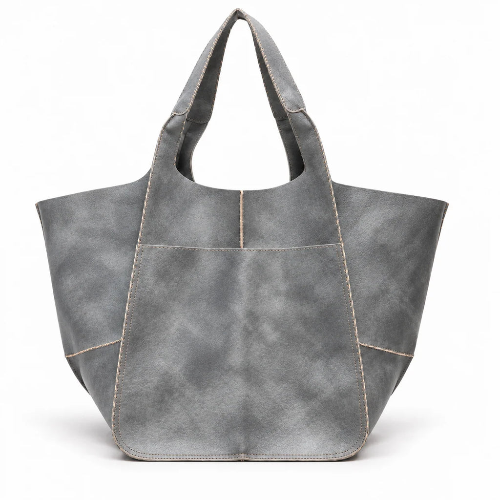 Maxi bolsa shopper feminina cinza Renata com alças largas e bolso frontal em fundo branco