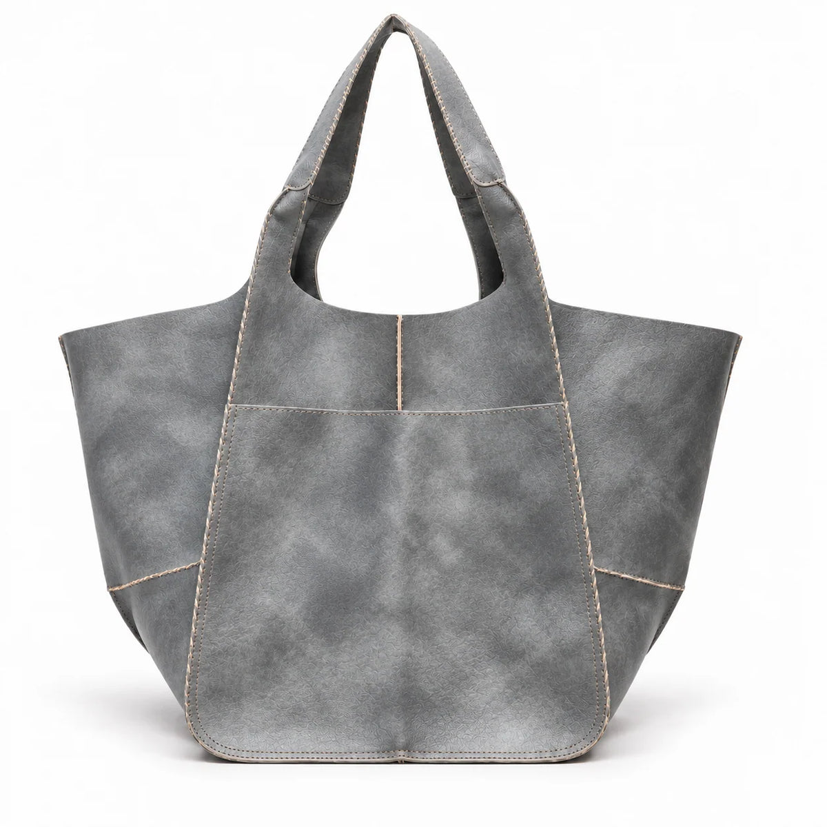 Maxi bolsa shopper feminina cinza Renata com alças largas e bolso frontal em fundo branco