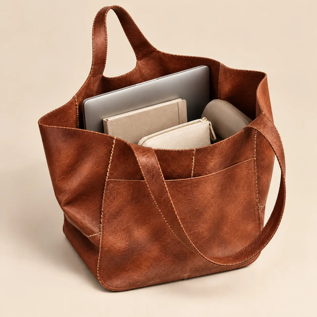 Bolsa shopper marrom Renata aberta com notebook, caderno e objetos do dia a dia