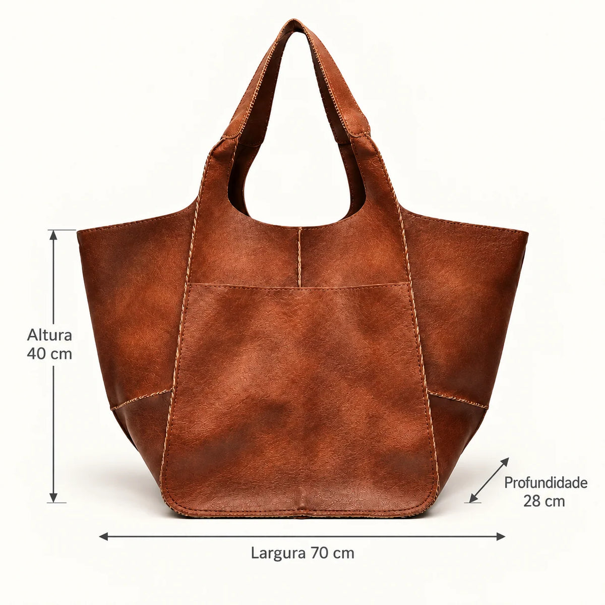 Medidas da bolsa marrom Renata: largura 70 cm, altura 40 cm e profundidade 28 cm