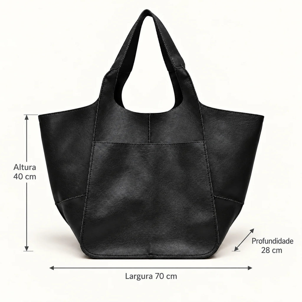 Medidas da bolsa preta Renata: largura 70 cm, altura 40 cm e profundidade 28 cm