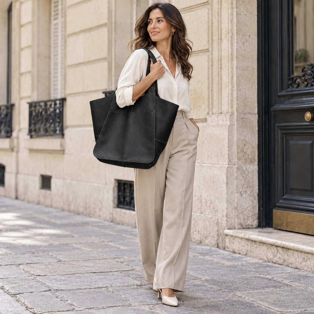 Modelo de corpo inteiro usando a maxi bolsa shopper preta Renata no ombro