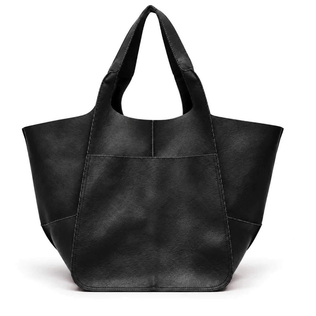 Maxi bolsa shopper feminina preta Renata com alças largas e bolso frontal em fundo branco