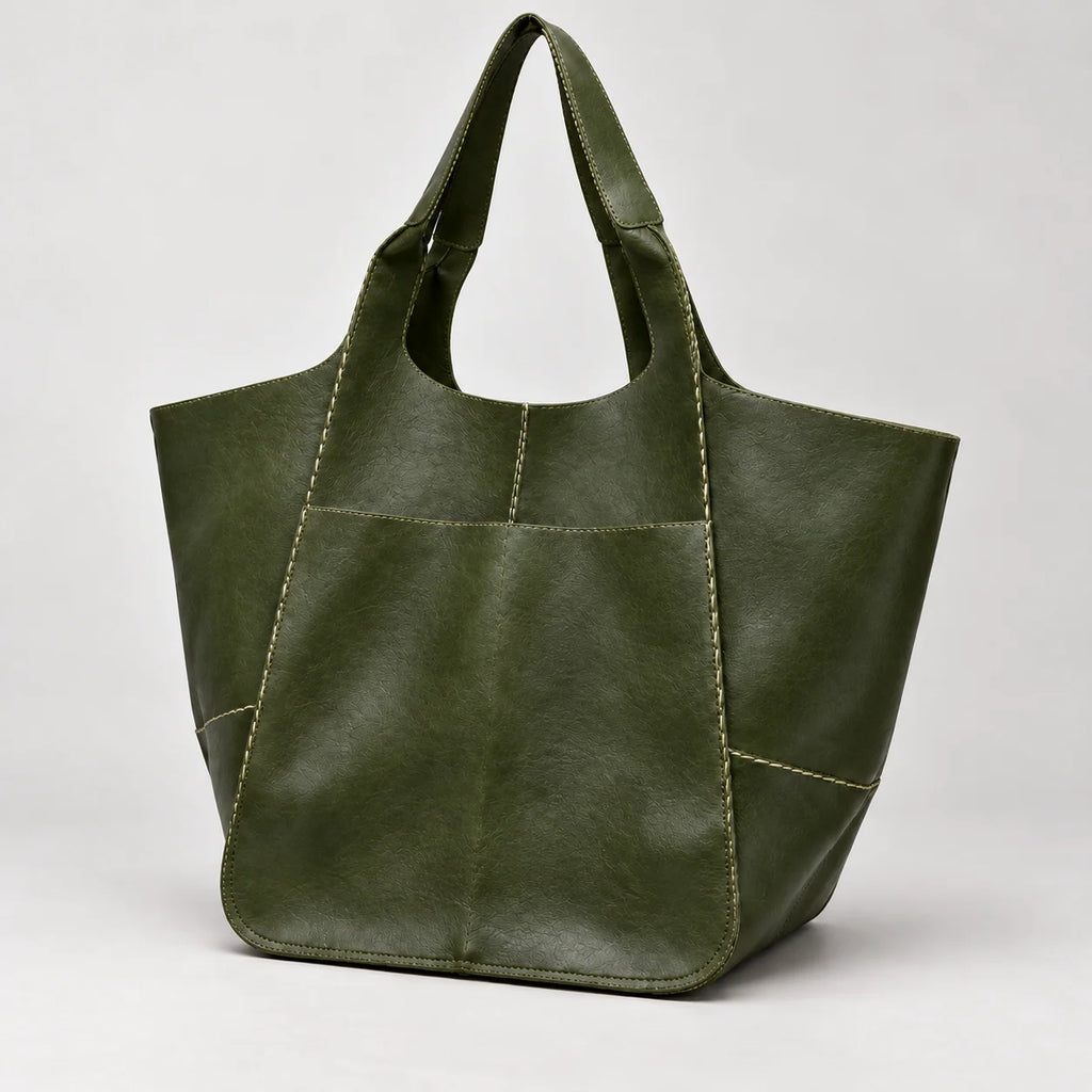 Bolsa shopper verde Renata em ângulo complementar mostrando bolso e lateral